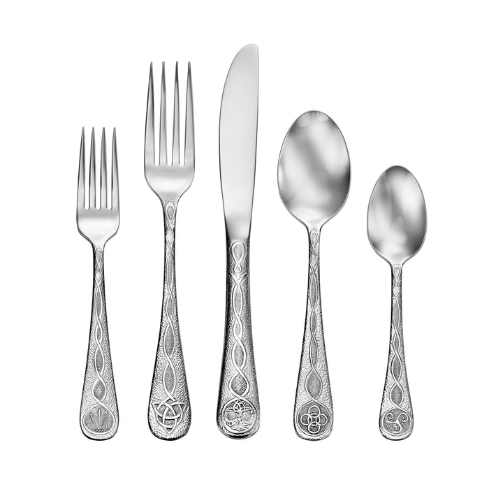 Five-piece silver flatware set with Celtic knot patterned handles: salad fork, dinner fork, knife, tablespoon, teaspoon