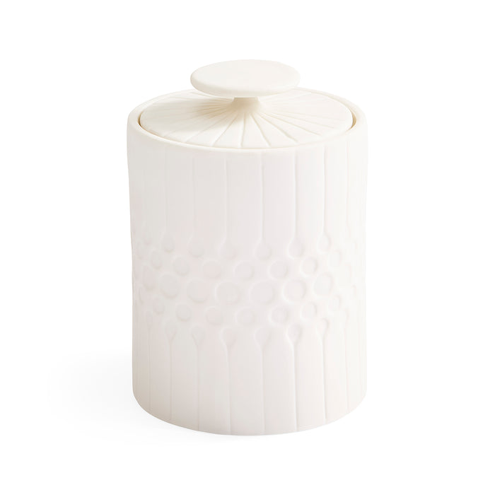 A white ceramic canister with a matching lid, featuring a textured honeycomb pattern on the lower half and vertical ribbing on the upper half, set against a plain white background.