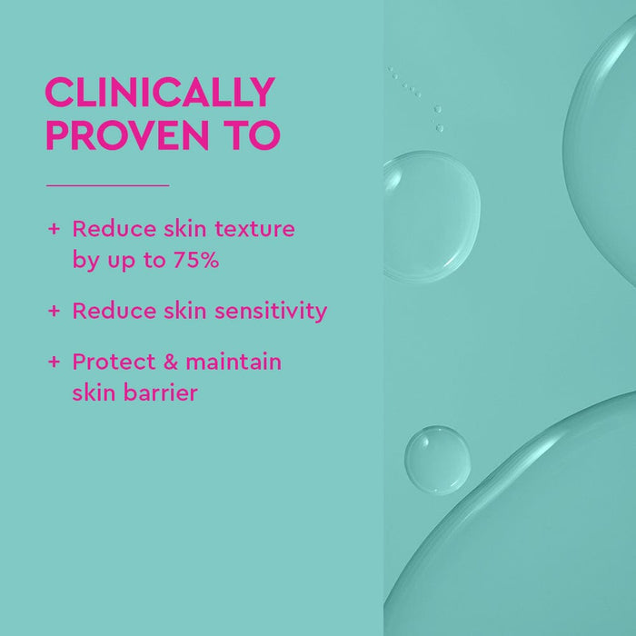 Cosmetic product with text claiming clinical proven benefits on a teal background
