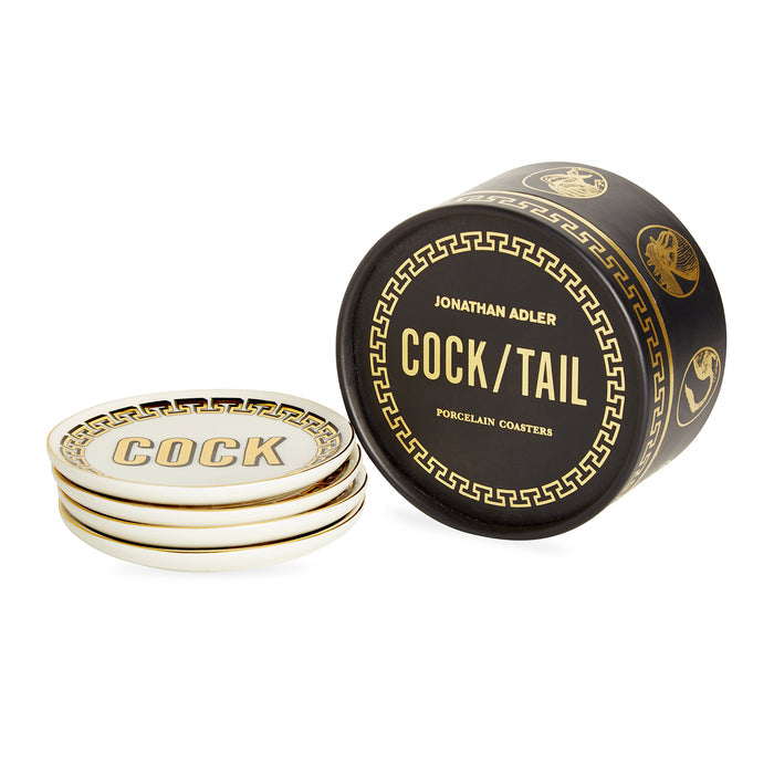 cock/tail coasters porcelain gold white with box - front view