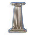 A decorative enamel pin shaped like a classical column, featuring a brown body with white line details and a blue border, set against a plain white background.