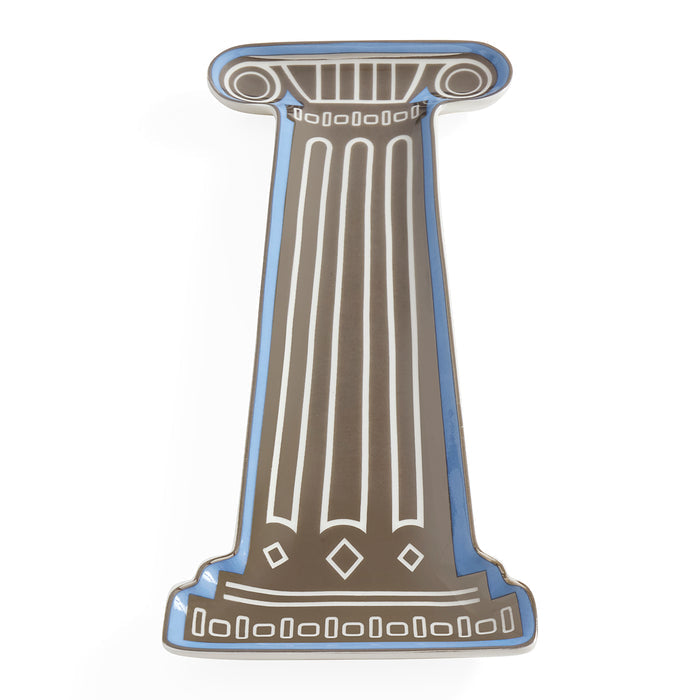 A decorative enamel pin shaped like a classical column, featuring a brown body with white line details and a blue border, set against a plain white background.