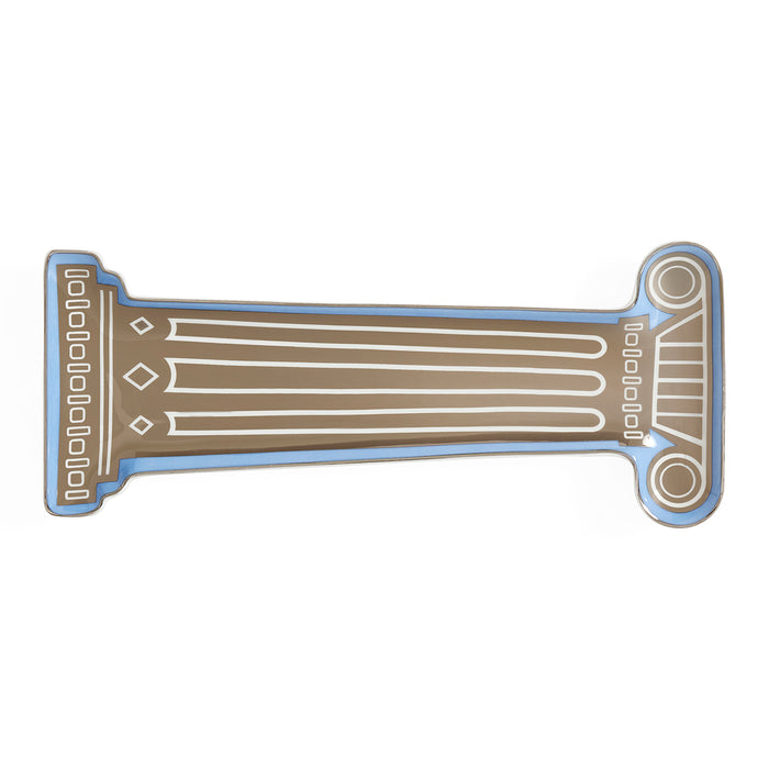 An enamel lapel pin shaped like a classical column, featuring a brown body with white decorative lines and a light blue border, set against a plain white background.