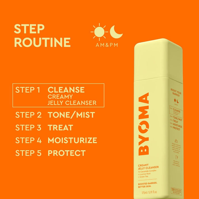 BYOMA creamy jelly cleanser with step routine on an orange background