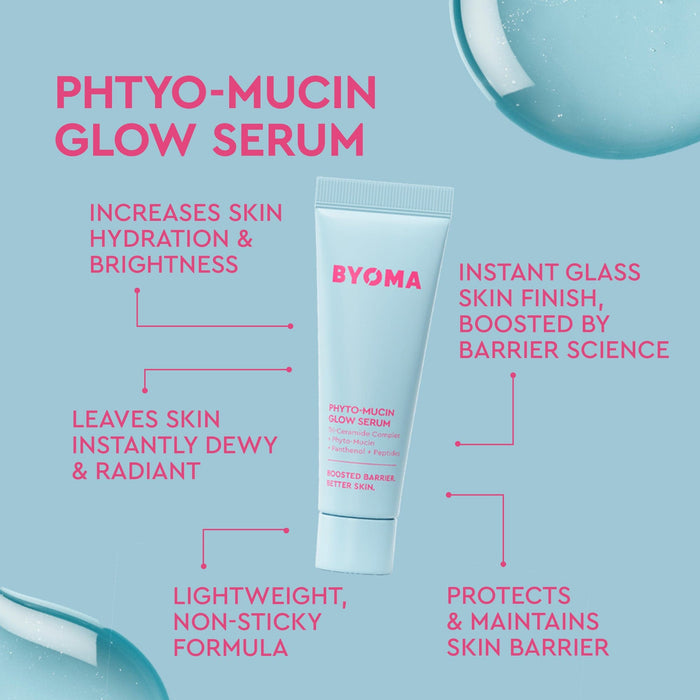 Light blue tube of BYOMA Phyto-Mucin Glow Serum centered on a pale background, surrounded by benefit text.