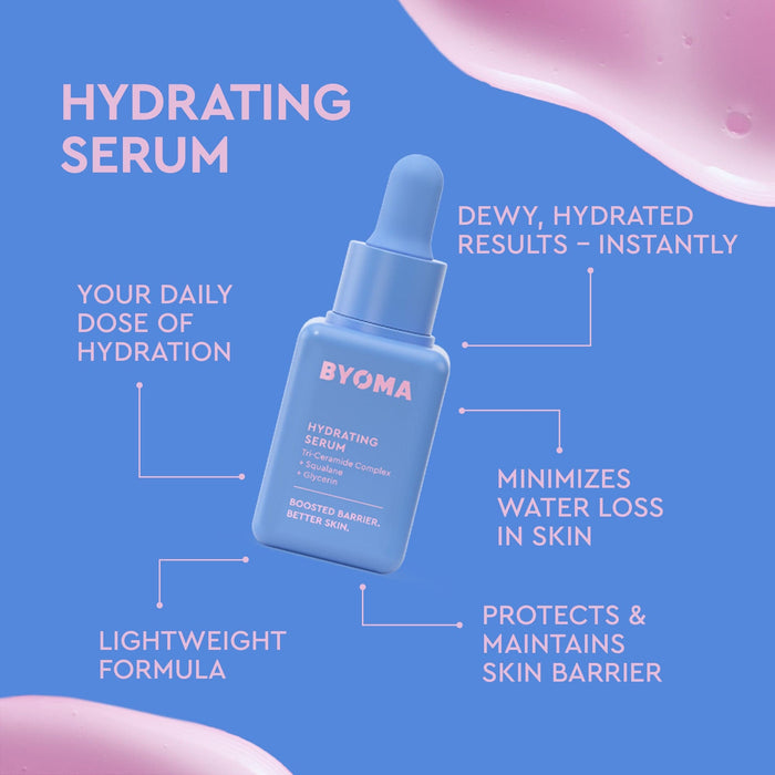 Blue dropper bottle of BYOMA Hydrating Serum displayed on a vibrant blue backdrop with pink gel texture.