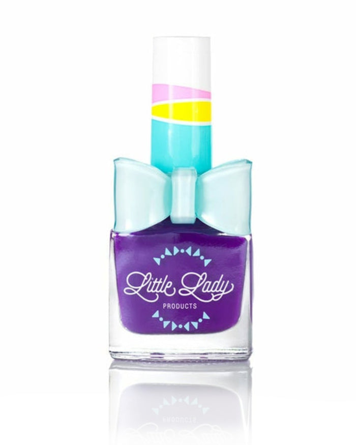 Cutey Queen purple nail polish bottle designed for kids, offering a safe, scented, and stylish experience, part of Little Lady Products' toxin-free collection.