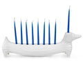 ceramic dachshund menorah white with blue candles - front view