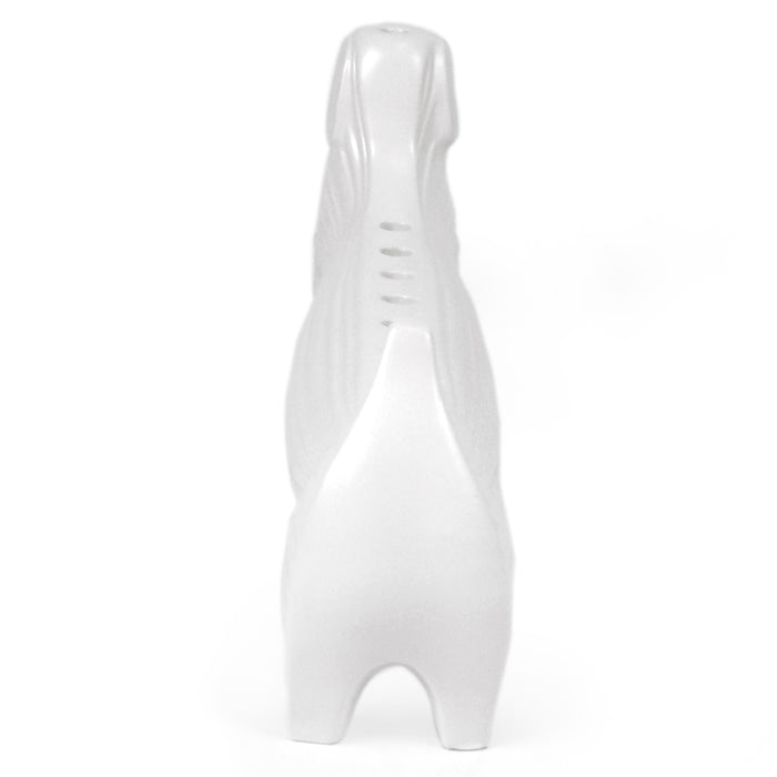 ceramic dachshund menorah white with blue candles - angle view