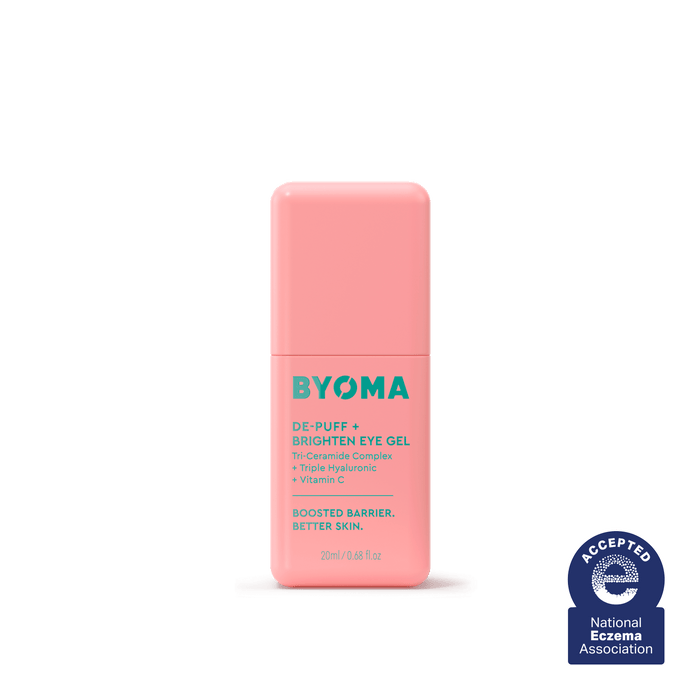 A bottle of Byoma De-Puff + Brighten Eye Gel.