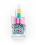 Dino S’mores nail polish bottle with pink and blue glitter, offering a marshmallow scent, designed for kids' fun and safe manicures.