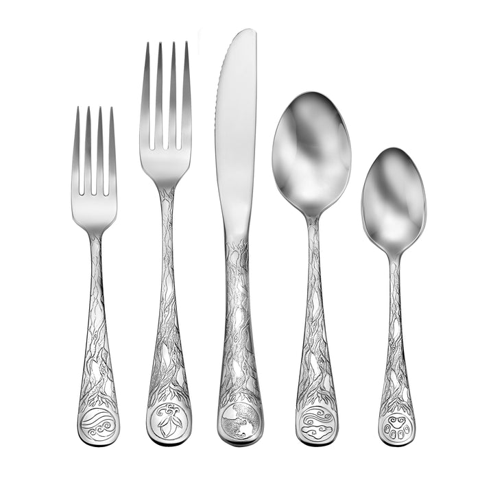 Five engraved flatware pieces (salad fork, dinner fork, knife, tablespoon, teaspoon) with decorative handles.