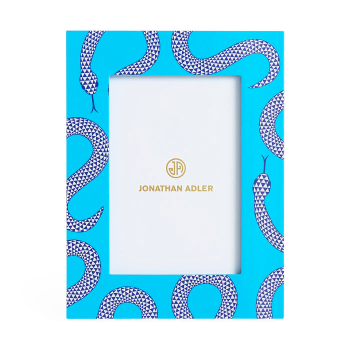 Blue frame with snake pattern and Jonathan Adler logo