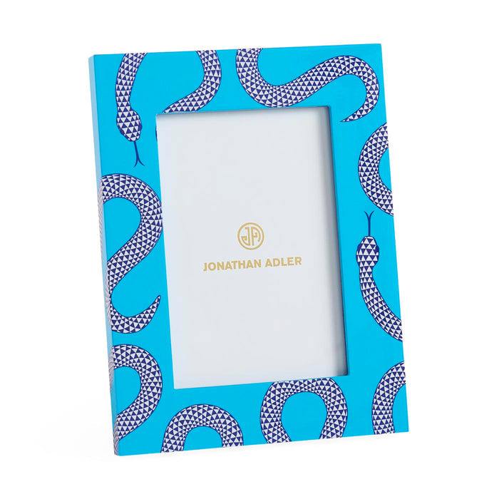 Blue photo frame with snake pattern and Jonathan Adler logo