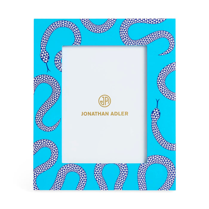 Blue frame with snake pattern and Jonathan Adler logo