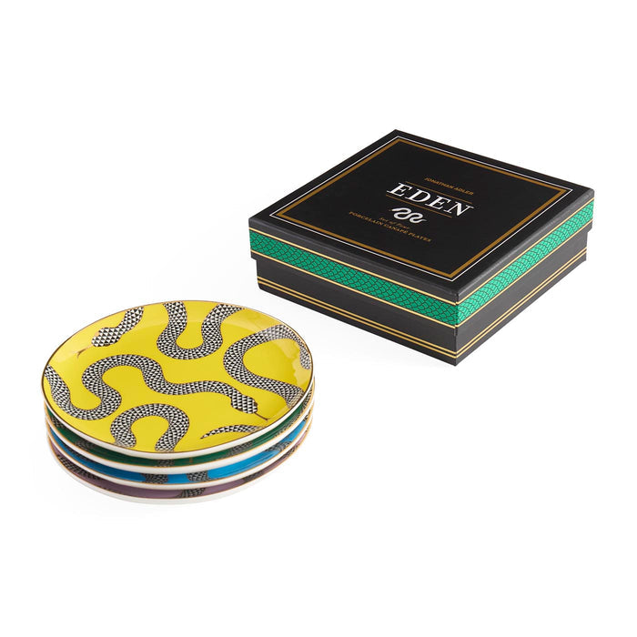 Stack of yellow patterned coasters with a black box labeled 'Eden' on a white background