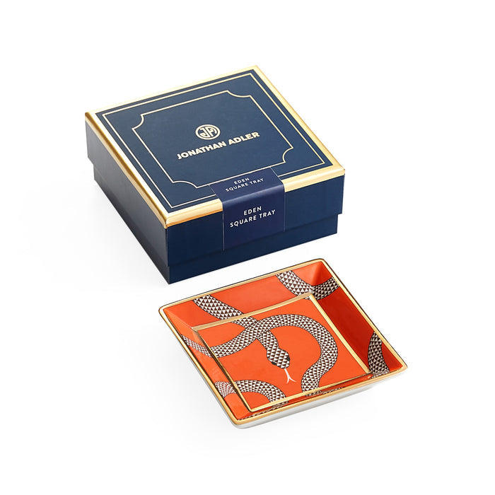 eden square tray porcelain orange with box - angle view