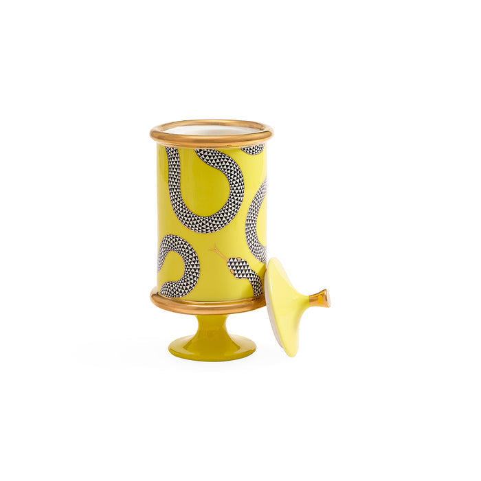 A yellow ceramic canister with a matching lid, featuring a black and white dotted snake pattern and gold trim, displayed on a clean white background.