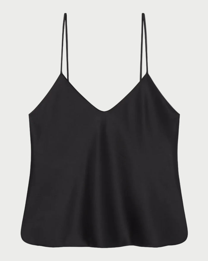 Black slip top with thin straps on a white background