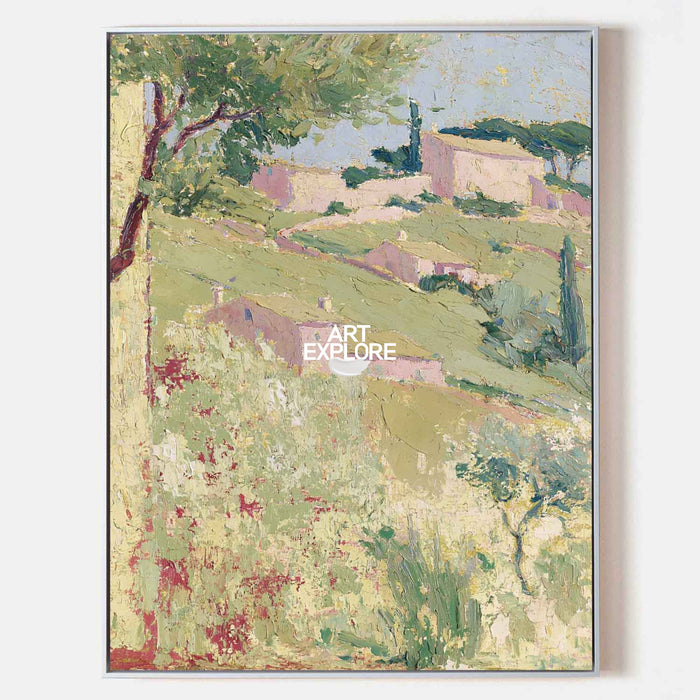 Abstract Pink And Green Countryside Landscape Hand-Painted Canvas Art