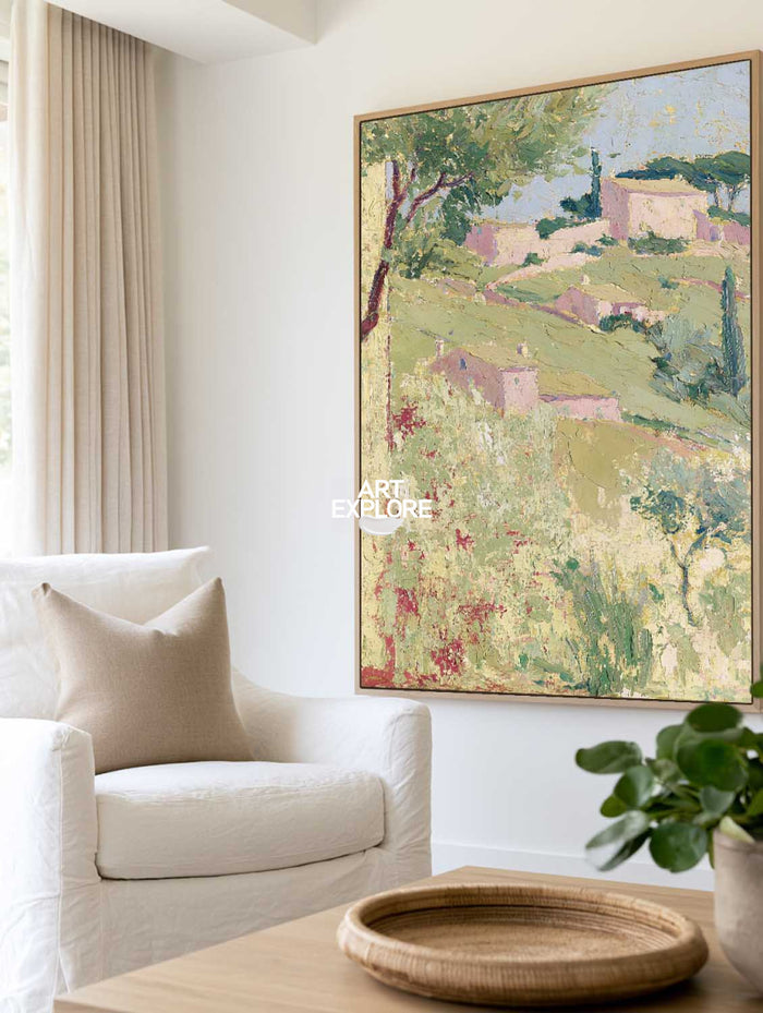 Abstract Pink And Green Countryside Landscape Hand-Painted Canvas Art