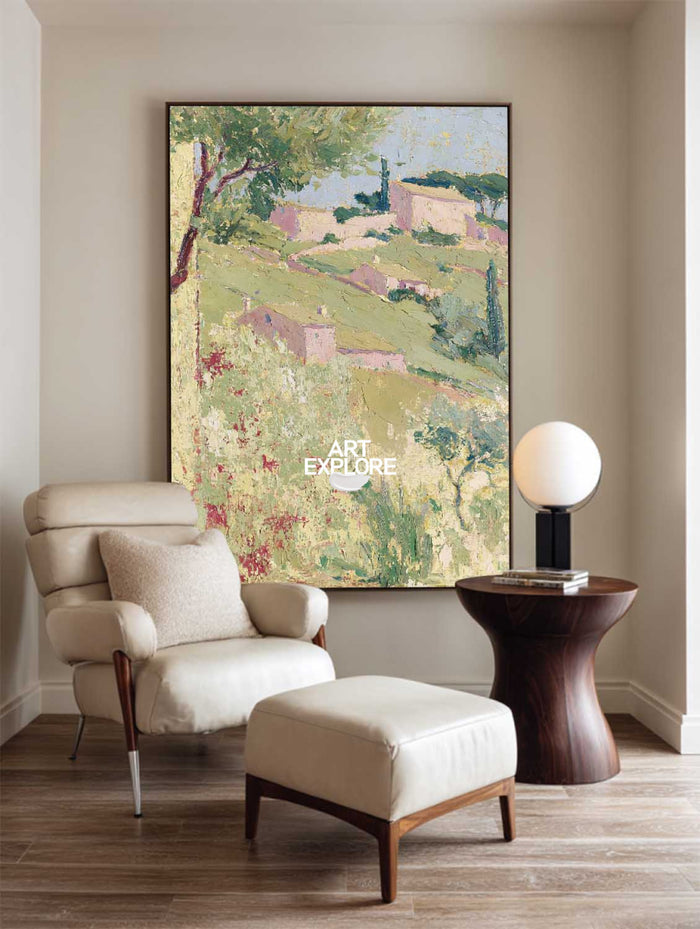 Abstract Pink And Green Countryside Landscape Hand-Painted Canvas Art