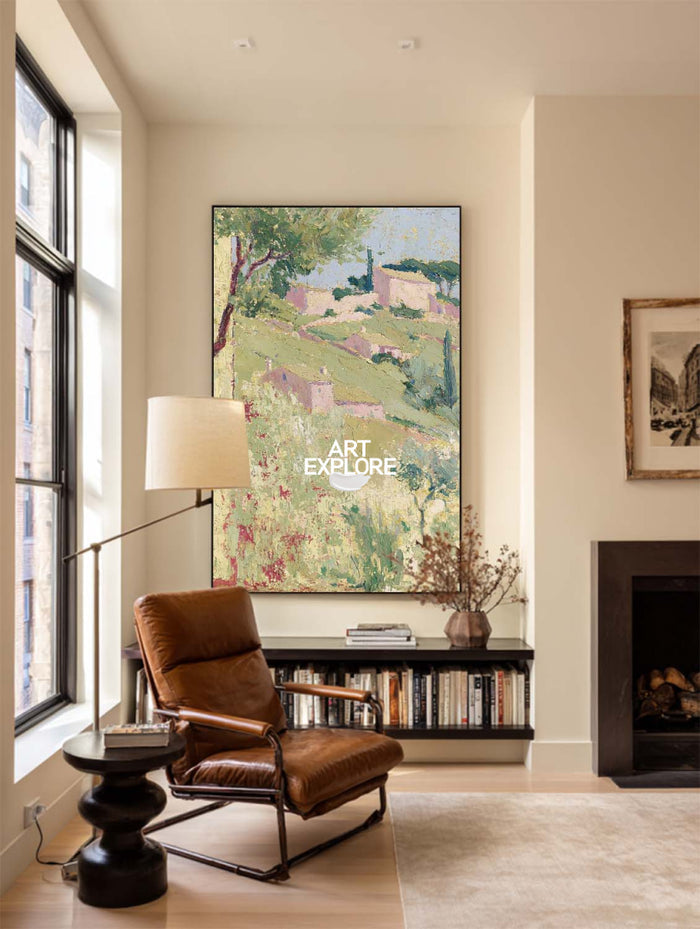 Abstract Pink And Green Countryside Landscape Hand-Painted Canvas Art