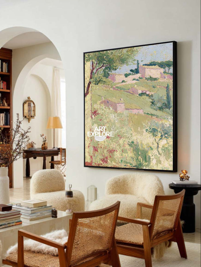 Abstract Pink And Green Countryside Landscape Hand-Painted Canvas Art