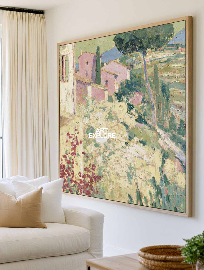 Hand-Painted Mediterranean Landscape Canvas Art With Green Hills And Yellow Sunlight