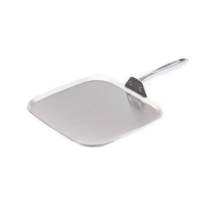 Angled view of 11-inch factory seconds stainless steel griddle with flat surface and riveted handle on white background