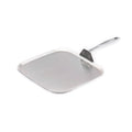 Angled view of 11-inch factory seconds stainless steel griddle with flat surface and riveted handle on white background