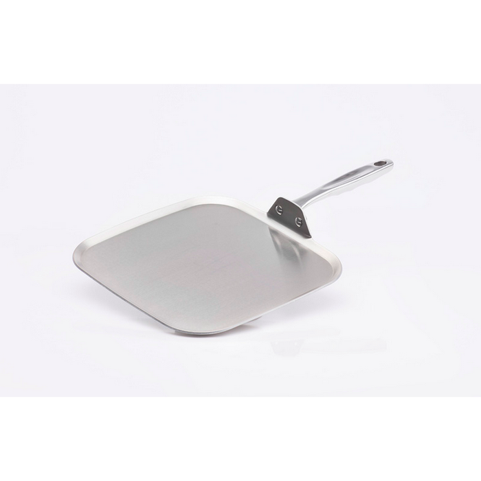 Angled view of 11-inch stainless steel square griddle showcasing flat cooking surface and riveted handle on white background