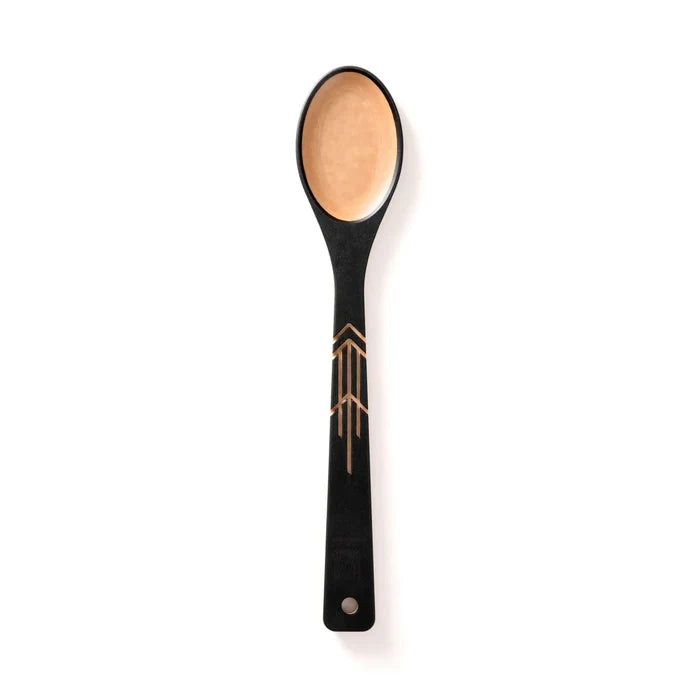 Wooden spoon with light oval bowl, black handle with gold geometric inlay and a circular hanging hole