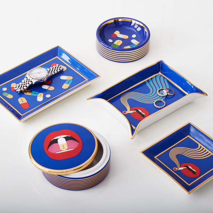 full dose rectangle tray porcelain blue multicolor accents gold with box - group view