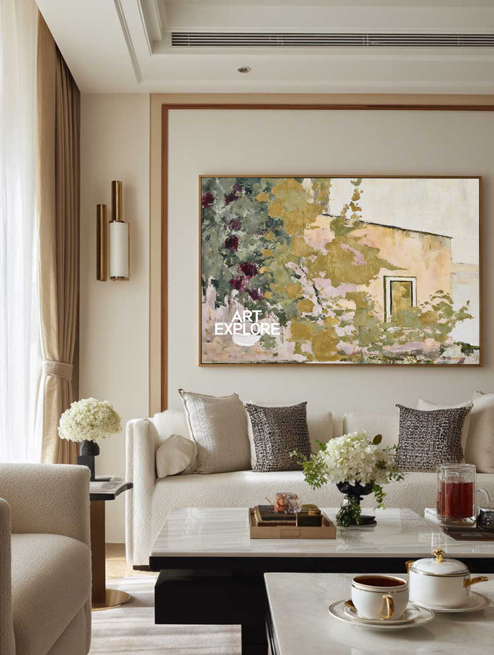 Abstract Floral Landscape Canvas Painting With Beige And Green Tones For Modern Walls