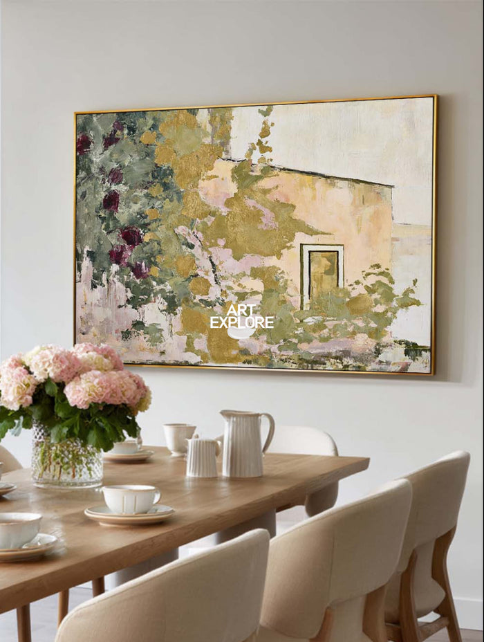Abstract Floral Landscape Canvas Painting With Beige And Green Tones For Modern Walls