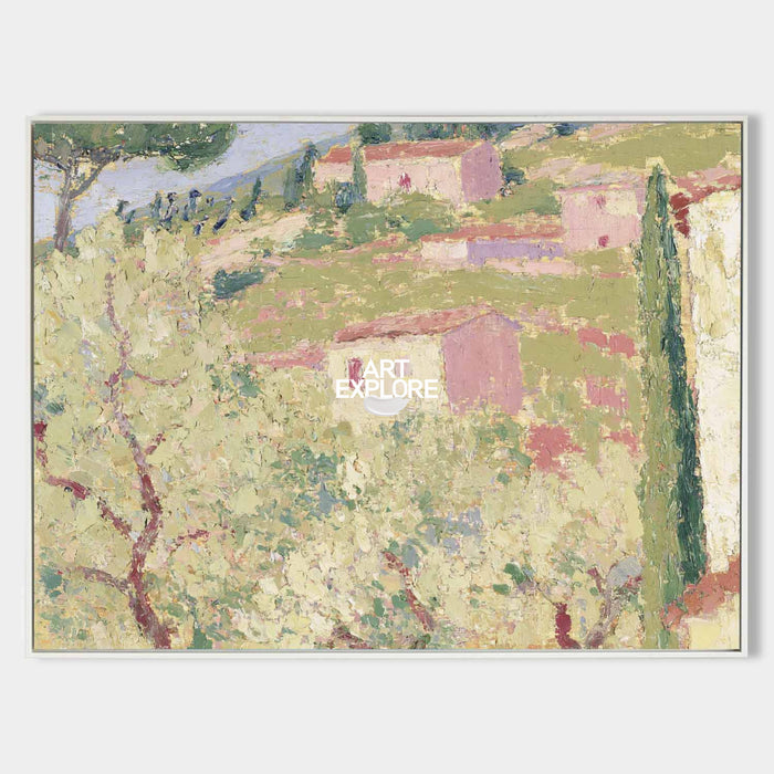 Impressionist Style Rustic Village Wall Art In Pink And Green For Living Room