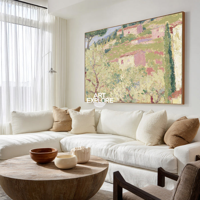Impressionist Style Rustic Village Wall Art In Pink And Green For Living Room