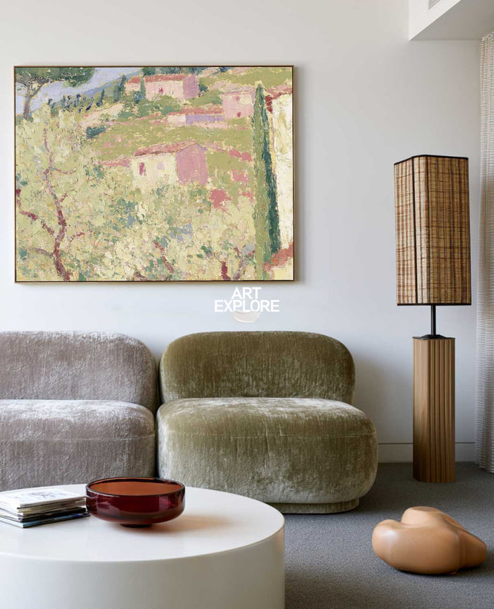 Impressionist Style Rustic Village Wall Art In Pink And Green For Living Room