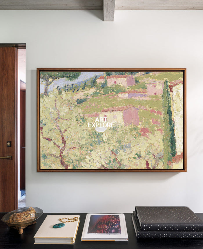 Impressionist Style Rustic Village Wall Art In Pink And Green For Living Room