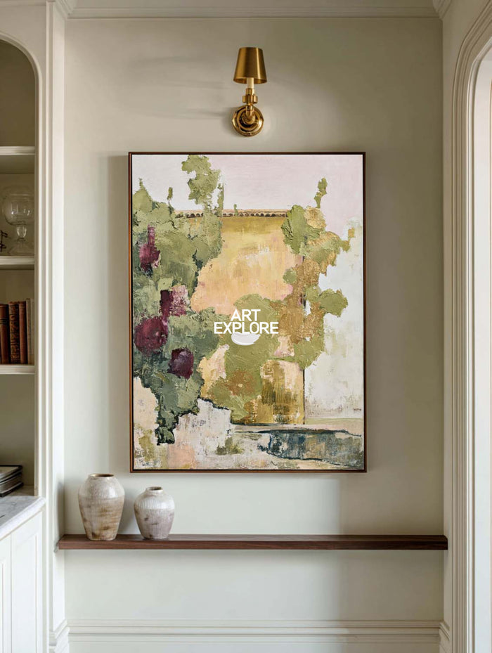Abstract Floral Garden Canvas Painting With Purple And Green Tones