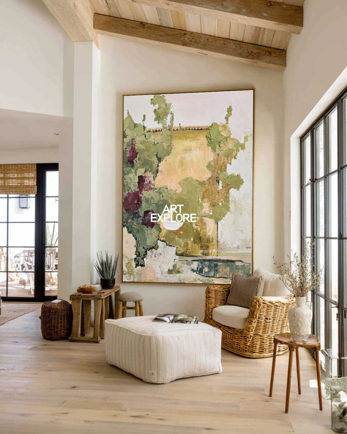 Abstract Floral Garden Canvas Painting With Purple And Green Tones