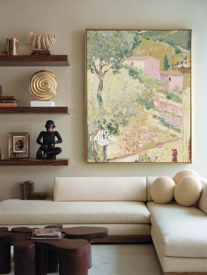 Original Impasto Style Abstract Art With Pink And Green Tones On Canvas
