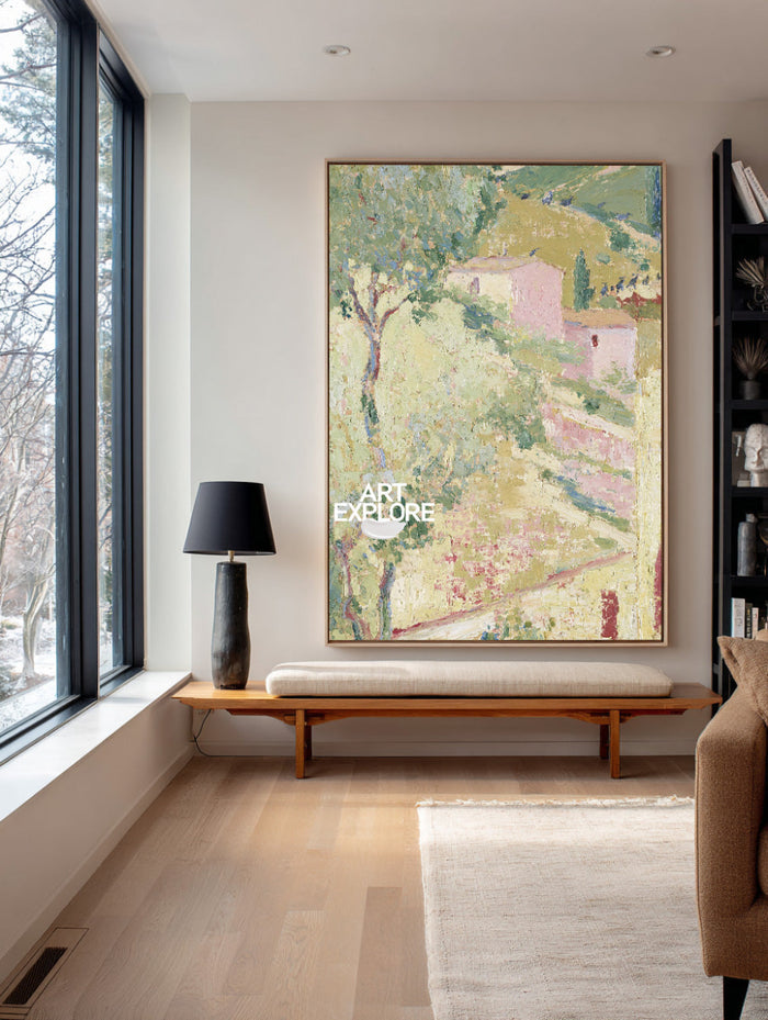 Original Impasto Style Abstract Art With Pink And Green Tones On Canvas