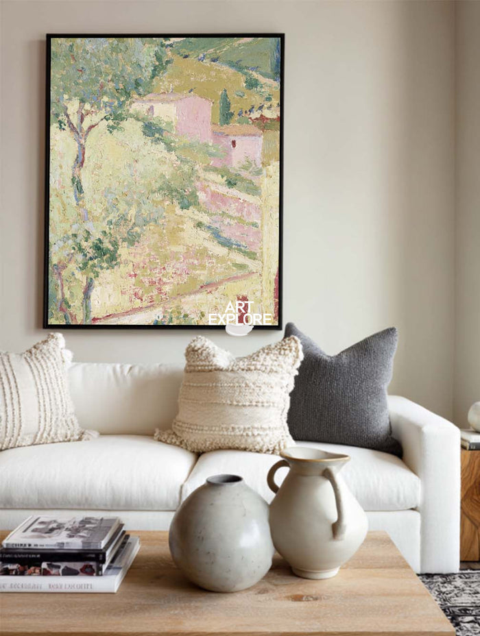 Original Impasto Style Abstract Art With Pink And Green Tones On Canvas