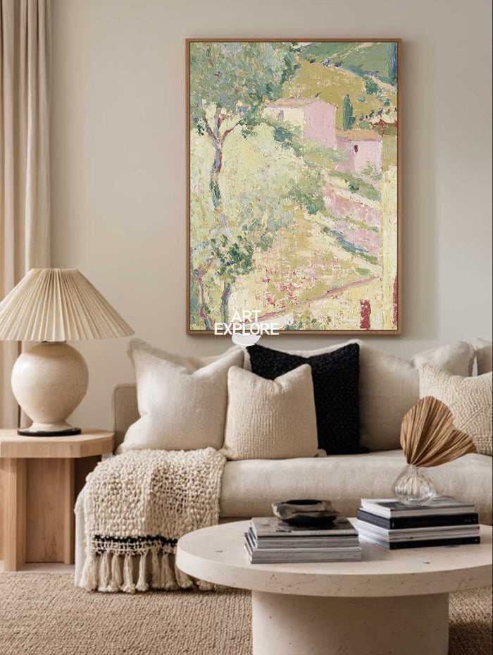 Original Impasto Style Abstract Art With Pink And Green Tones On Canvas