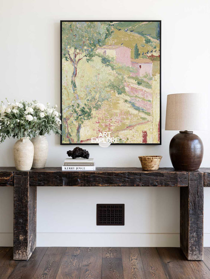 Original Impasto Style Abstract Art With Pink And Green Tones On Canvas