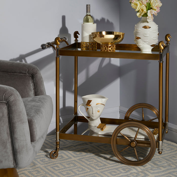 gilded giuliette pitcher cheval bar cart - styled view