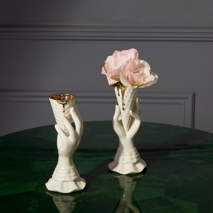 gilded i-scream vase with flowers scalinatella ottoman living room - styled view