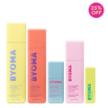 Set of BYOMA skincare products with colorful packaging on a green background